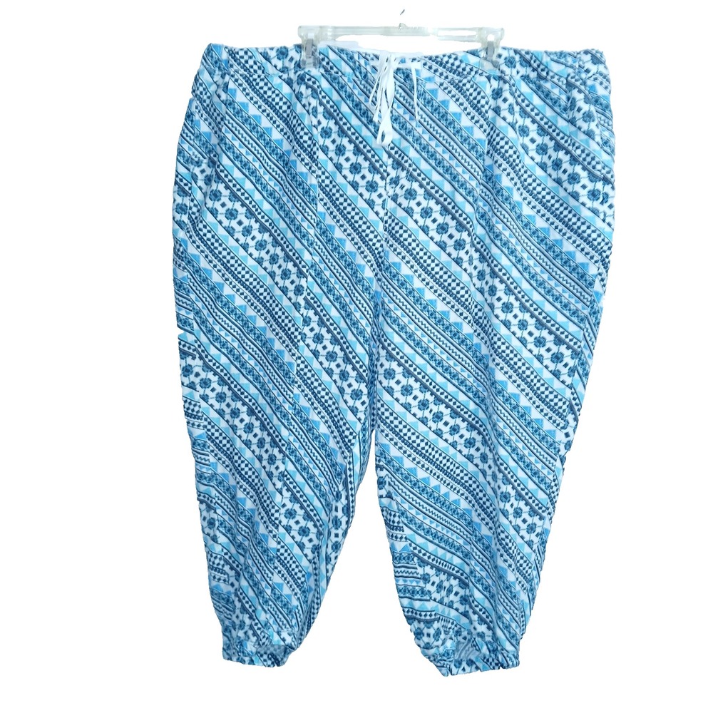Lane Bryant Linen Blend Crop Jogger Pant Women 26 28 Blue White Geometric Beachy